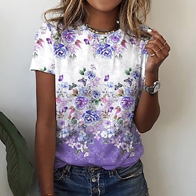 Women's T shirt Tee Blue Purple Green Print Floral Casual Holiday Short Sleeve Round Neck Basic Regular Floral Painting S9068073