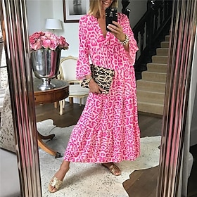 Women's Swing Dress Maxi long Dress Blushing Pink 3/4 Length Sleeve Animal Print Spring Summer V Neck Boho Holiday Flare Cuff Sleeve Loose 2021 S M L XL XXL 3X8542103