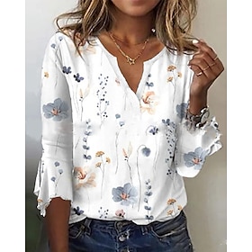 Women's T shirt Tee White Blue Khaki Print Floral Casual Holiday 3/4 Length Sleeve V Neck Basic Regular Floral S9549860