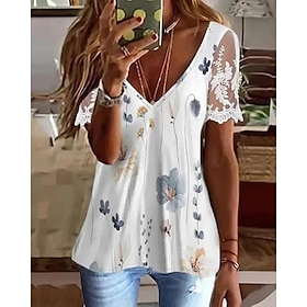 Women's T shirt Tee Light Blue Black White Lace Print Floral Holiday Weekend Short Sleeve V Neck Basic Regular Floral Painting S9567782