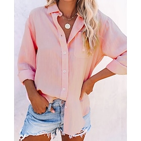 Women's Shirt Blouse White Pink Red Button Pocket Plain Daily Weekend Long Sleeve Shirt Collar Streetwear Casual Regular S9153368