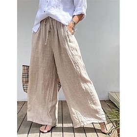 Women's Wide Leg Pants Trousers Cotton And Linen White Khaki Streetwear Casual Comfort Mid Waist Pocket Vacation Casual Daily Weekend Full Length Micro-elastic9587925