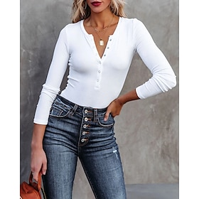 Women's T shirt Tee Going Out Tops Henley Shirt Undershirt Black White Button Plain Casual Weekend Long Sleeve Round Neck Streetwear Regular S9376237