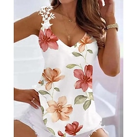 Women's Tank Top Going Out Tops Summer Tops White Pink Red Print Floral Casual Holiday Sleeveless V Neck Basic Regular Floral S9510393