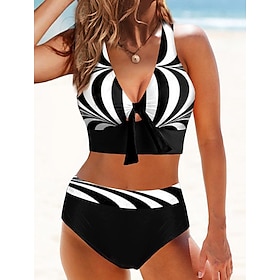 Women's Swimwear Bikini Monokini Normal Swimsuit Polka Dot Striped 2 Piece Stripe Printing High Waisted Black And White Blue Bathing Suits Beach Wear Push Up S9453620