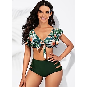 Women's Swimwear Normal Bikini Bathing Suits 2 Piece Swimsuit Leopard Floral Backless 2 Piece Printing Adjustable Leopard Green Plunge Halter Padded Bathing Su9599792