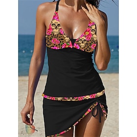 Women's Swimwear Tankini 2 Piece Normal Swimsuit Leopard Skull Ruched 2 Piece Printing Black Bathing Suits Beach Wear Summer Sports9479474