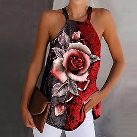 Women's Tank Top Red Blue Green Print Floral Casual Holiday Sleeveless Halter Neck Basic Regular Floral S9549969