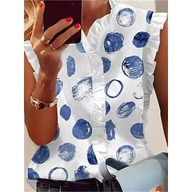 Women's Tank Top White Ruffle Print Polka Dot Casual Sleeveless V Neck Streetwear Regular S9544142