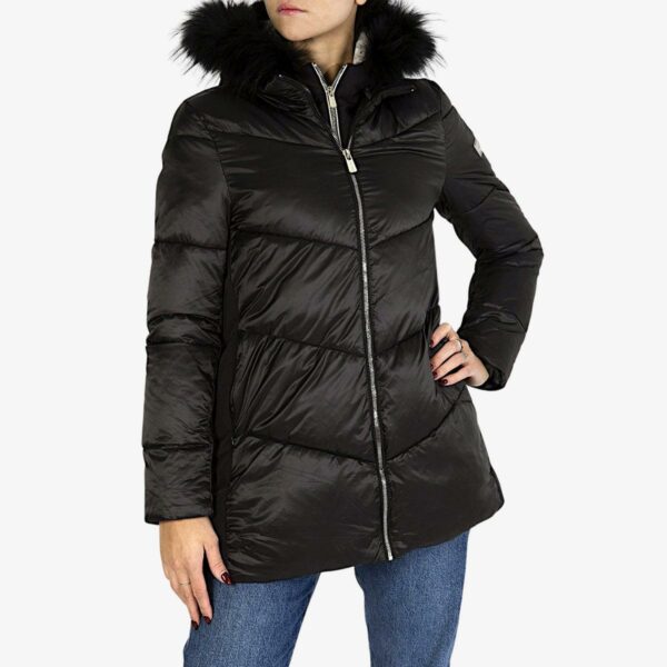 Yes Zee Piumino Lucido Full Zip Con Cappuccio Bordato In Pelo Nero Woman42725919948953