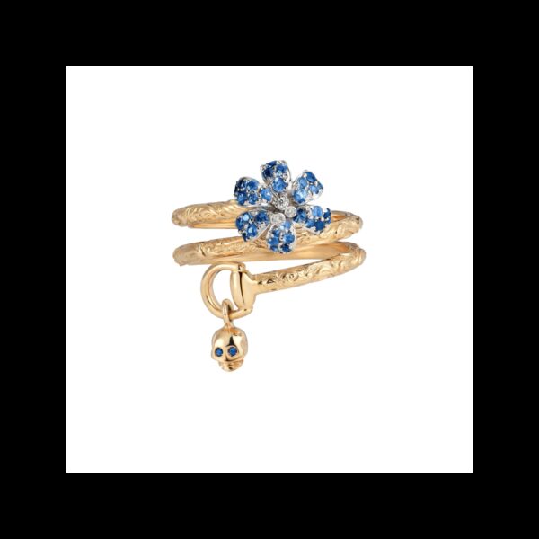 Anello Gucci Flora con motivo teschio in oro rosa e bianco 18kt, zaffiri blu e diamanti173976